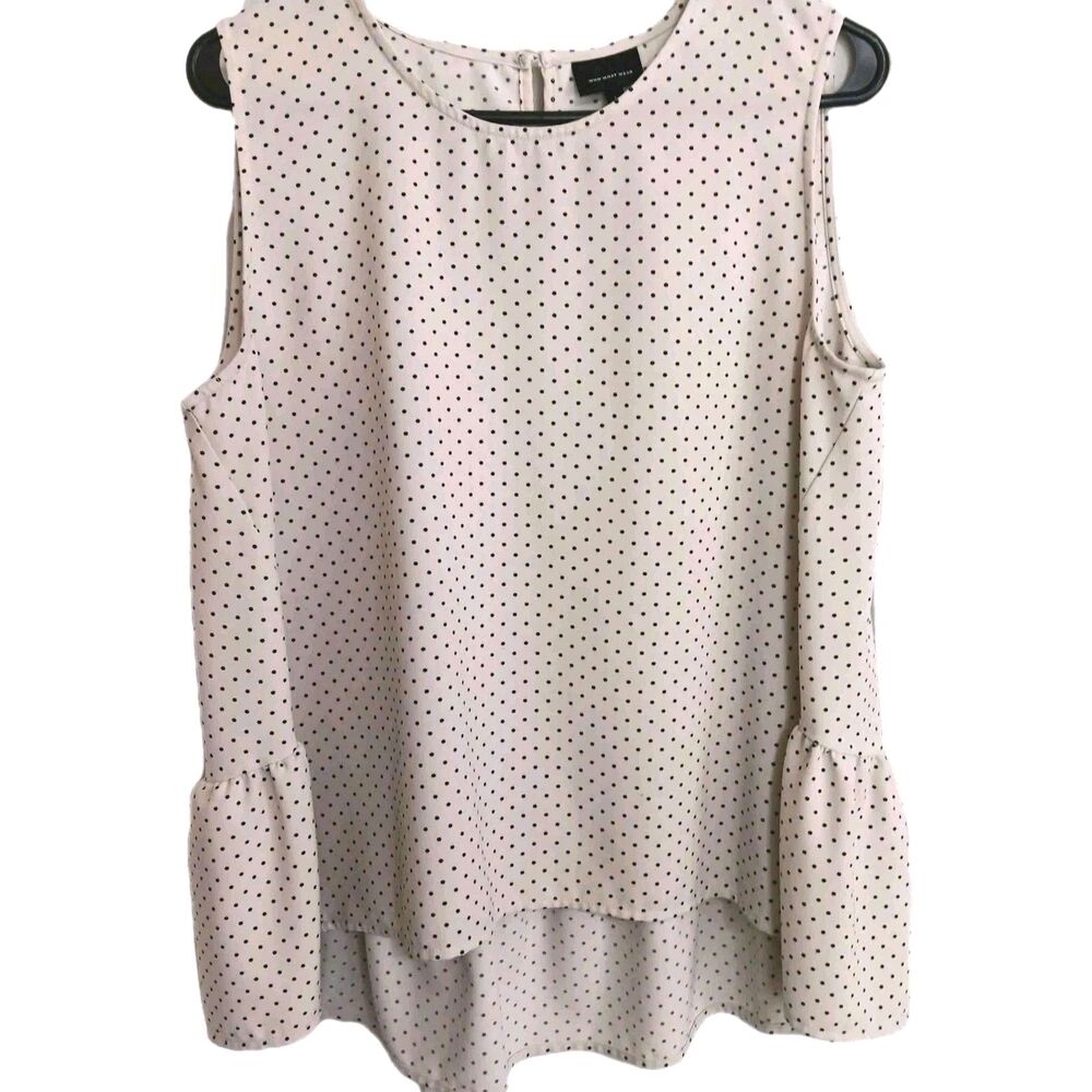 Who What Wear Sz L Sleeveless Ivory with Black Dots Blouse High/low Hem